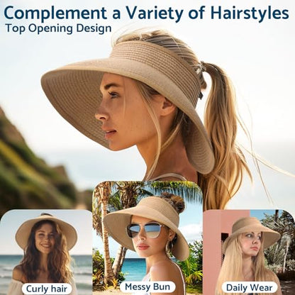NPJY Sun Hats for Women Wide Brim Roll-Up Ponytail Packable Straw Visor - color: Blue
