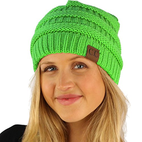 CC Classic Winter Fall Trendy Chunky Stretchy Cable Knit Beanie Hat - color: Neon Lime