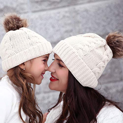 2PCS Parent-Child Knit Hat Family Matching Winter Warmer Hat Mother & Baby Crochet Beanie Ski Cap with Pom - color: White