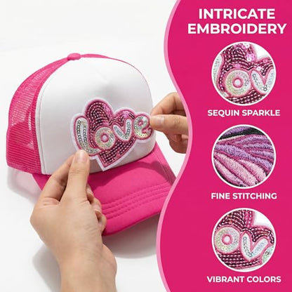 HEYTRCO 43PCS Colorful DIY Trucker Hat Kit, 3 Mesh Foam Hats with 30 Iron-On Patches, Pins, Hat Chains & Heat-Resistant Tape – Party Hat Bar Craft Kit for Men & Women - color: Rose Red / Neon Yellow / Light Green – Colorful Party DIY Kit