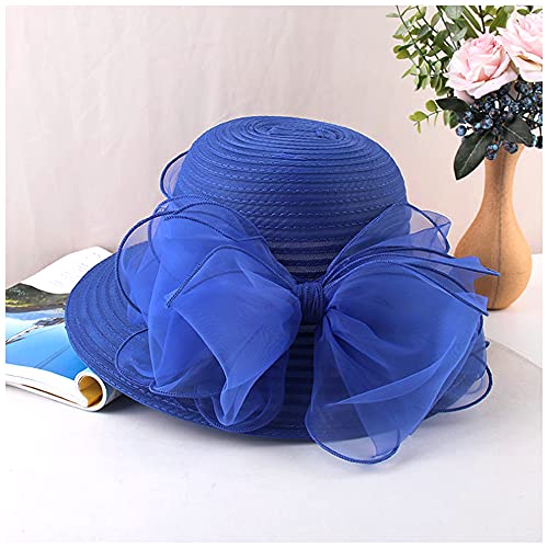 Haoohu Women's Church Derby Hat Wide Brim Bow Bucket Hat Wedding Dress Hat Fascinator Bridal Tea Party Hat - color: Blue
