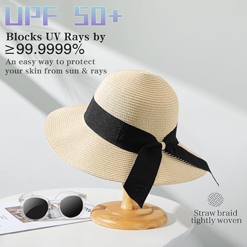 Beach Sun Straw Hats for Women, UPF 50+ UV Sun Protection Summer Straw Hat - color: A-beige