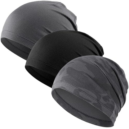 WTACTFUL 3-Pack Breathable Cooling Skull Cap for Men Women Thin Beanie - color: Black+gray+camogray