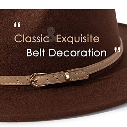 Lisianthus Women Classic Felt Fedora Wide Brim Hat with Belt Buckle - color: Coffee