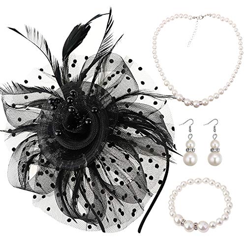 DRESHOW Fascinators Hat Flower Mesh Ribbons Feathers on a Headband and a Clip Tea Party Headwear for Girls and Women - color: 7" Black + Necklace+ Earrings+ Bracelet