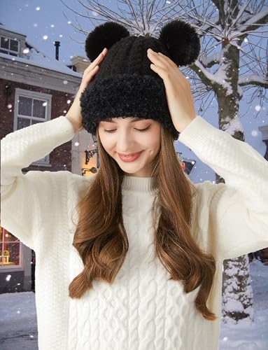 FEOYA Womens Knit Winter Beanie Hat with Faux Fur Pompom Fuzzy Cute Knit Fleece Lined Skull Cap - color: Black