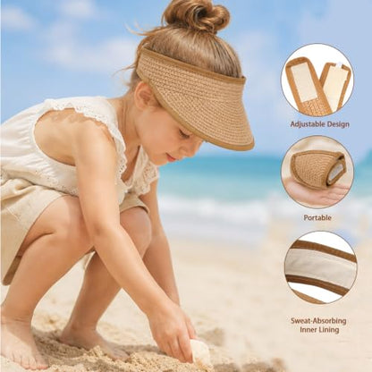Straw Sun Visor Hat for Girls Boys Foldable Beach Hat for Kids Summer Travel Outdoor Khaki