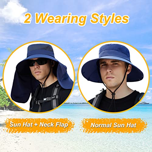 Women Wide Brim Face Mask Sun Hat Detachable Neck Face Flap Ponytail UV Protection Visor Hat Garden Fishing Hiking - color: Bg9215-navy