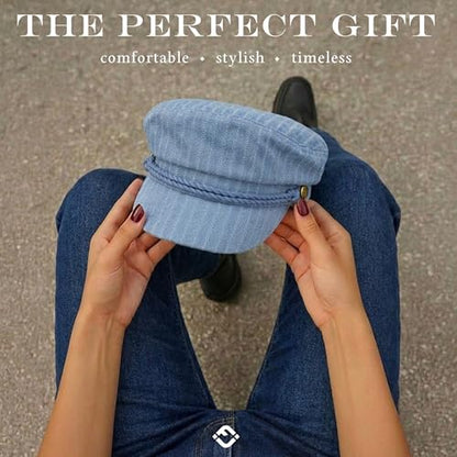 Funky Junque Greek Fisherman Newsboy Cap, Cotton Captains Bakerboy Hat - color: 2 Pack - Pinstripes - Denim & Solid White