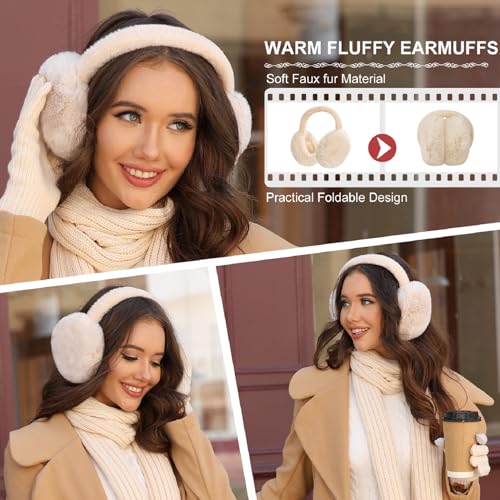 HEEKPEK Winter Beanie Hats Scarf Gloves Ear Muffs Fuzzy Socks 5pcs Set for Women Cold Weather Beanies Touch Screen Gloves - color: Khaki