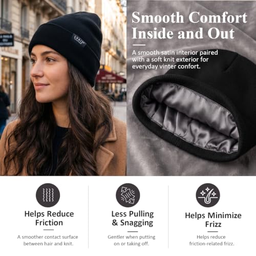 3 Pack Satin Lined Beanies for Men and Women Silk Warm Cuffed Winter Hats - color: Black+dark Grey+light Grey