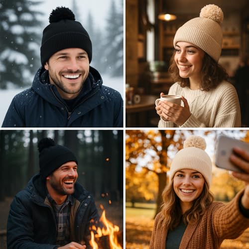 Geyoga 2 Pcs Pom Beanie Hat Men Women Winter Hat Pom Knit Cap Beanies with Ball at Top Acrylic Winter Cap with Cuff - color: Beige,black, style: Classical