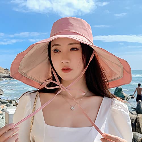 HUAMULAN Women Summer Vacation Wide Brim Sun Hat Reversible Fishing Hats - color: Pinkbeige