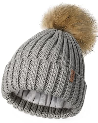 FURTALK Winter Beanie Hats for Women Fleece Lined Pom Pom Knitted Warm Beanie Caps - color: 05-fog Gray