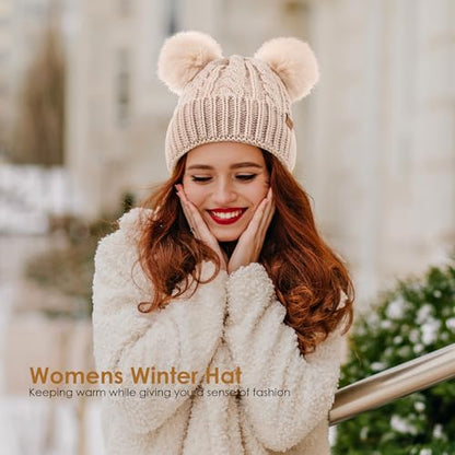 Women's Winter Hat Soft Knit Beanie with Faux Fur Pom Hat with Warm Fleece Lining Skull Cap for Women - color: Purple
