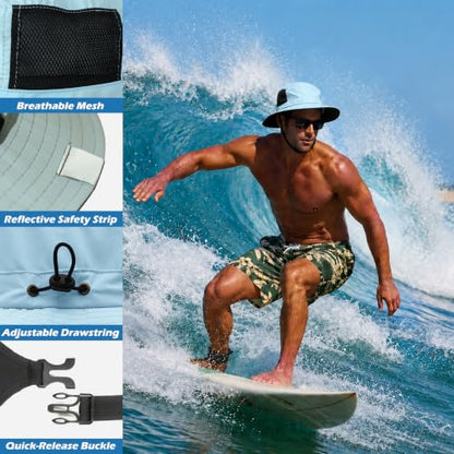 Surblue Surf Bucket Hat with Widened Chin Straps UPF 50+ Windproof Sun Hat Adjustable Packable Cap for Water Sports Surfing - color: Skyblue