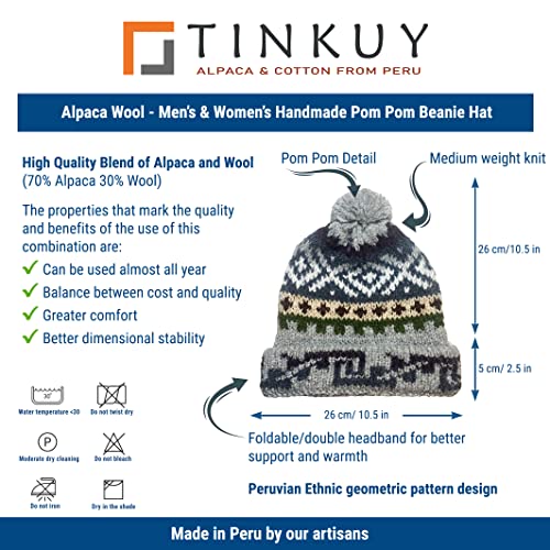 TINKUY Peru Alpaca Wool Winter Beanie, Handmade Bobble Hat, Unisex, One Size - color: Light Grey