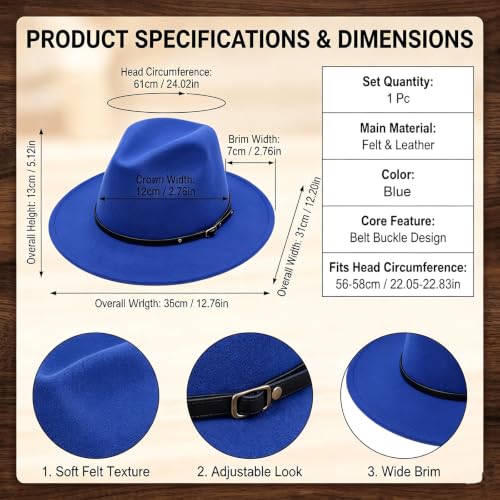 Unisex Adjustable Belt Buckle Wide Brim Fedora Hat, Felt Panama Hat for Men Women Formal Casual Wear - color: Blue