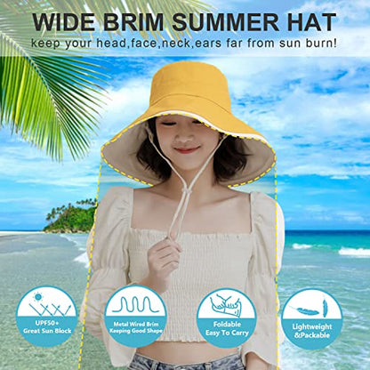 HUAMULAN Women Summer Vacation Wide Brim Sun Hat Reversible Fishing Hats - color: M9607-huang