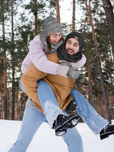 LOROME Winter Beanie Hat Scarf Gloves, Warm Fleece Knit Neck Scarf Set Gift - color: Black and White