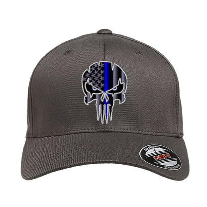 G&B Red Thin Red/Blue Line Spartan Helmet & Distressed Skull Flex Baseball Cap. Embroidered. 6277/6477 Flex Baseball Hat - color: Dark Grey, size: Small-Medium