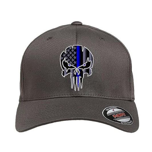 G&B Red Thin Red/Blue Line Spartan Helmet & Distressed Skull Flex Baseball Cap. Embroidered. 6277/6477 Flex Baseball Hat - color: Dark Grey, size: Small-Medium