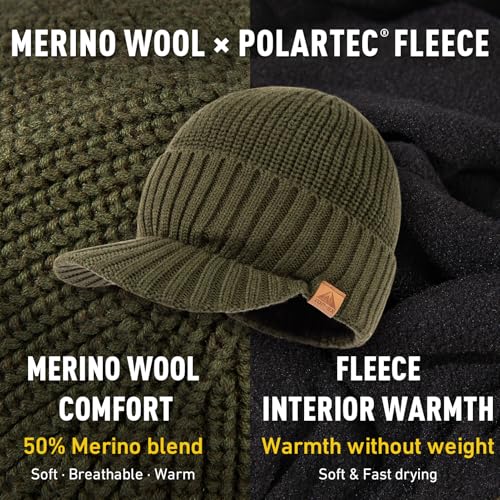 TOP-EX DryKnit™ 50% Merino Wool Waterproof Winter Beanie Hat with Brim - color: Green, size: X-Large-XX-Large