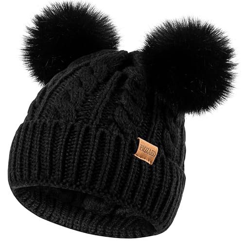 Women's Winter Hat Soft Knit Beanie with Faux Fur Pom Hat with Warm Fleece Lining Skull Cap for Women - color: Black