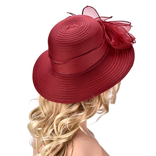 Womens Wedding Occasion Floral Wide Brim Church Dressy Sun Hat A323 - color: Wine