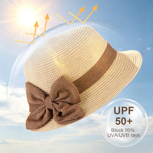 Womens Sun Straw Hat, Summer Beach Sun Hats UPF Straw Hat for Women Beige