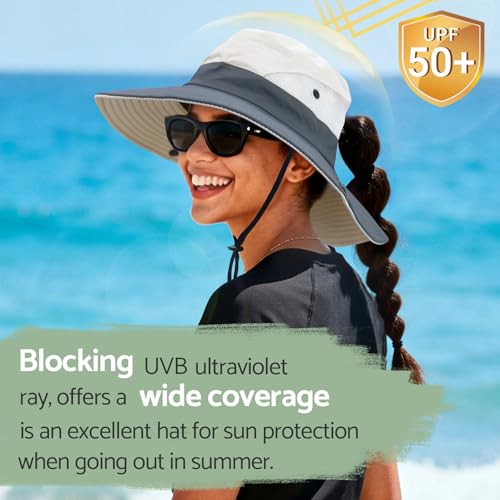 NPQQUAN Ponytail Sun Hats for Women UPF 50+ Wide Visor UV Protection Hat - color: Lightgrey (Ponytail Hole)