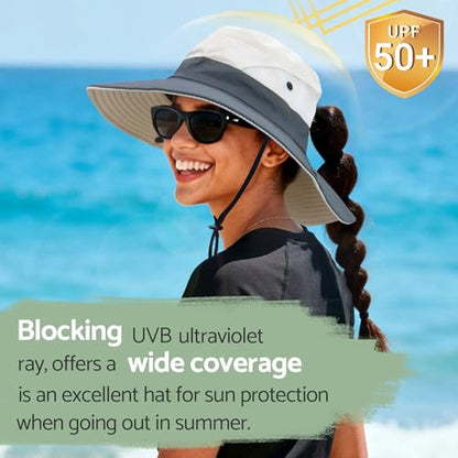 NPQQUAN Ponytail Sun Hats for Women UPF 50+ Wide Visor UV Protection Hat - color: Lightgrey (Ponytail Hole)