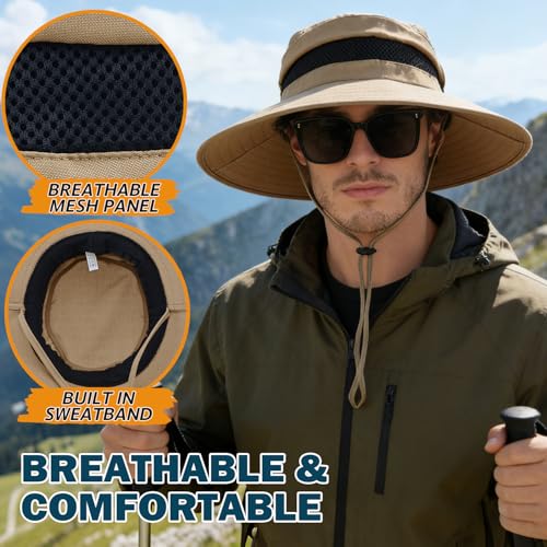 Men's UPF 50+ Waterproof Wide Brim Boonie Hat, Sun & Rain Protection - color: Camel