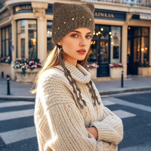 DOCILA Winter Beanie Hat for Women Warm Fleece Lined Pom Knit Earflap Hats Cute Outdoor Snow Ski Skull Cap - color: Brown