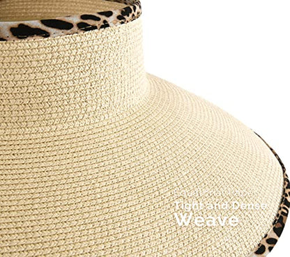 Camptrace Women's Straw Sun Visor Hat UPF Wide Shade Ponytail Summer Hat - color: Beige Leopard Print