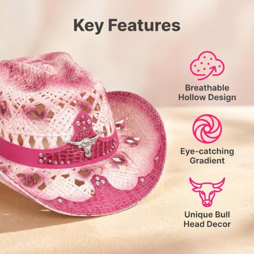 Straw Cowboy Hat for Men Women, Breathable Lightweight - color: Pink-m