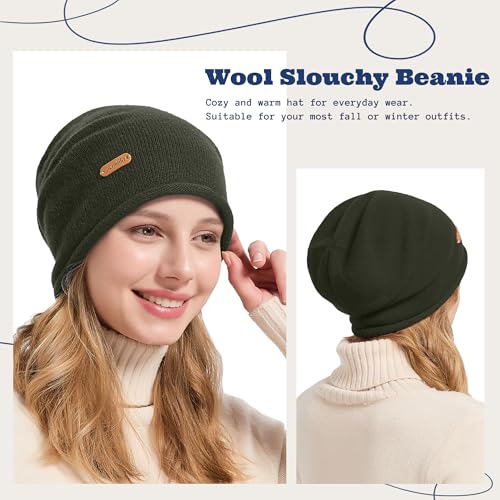 ACUSHLA 100% Merino Wool Slouchy Beanie for Women Men Winter Hat Skull Cap - color: Army Green