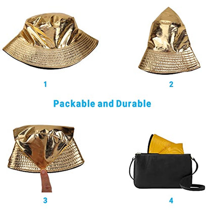 Reversible PU Leather Bucket Hats for Women Solid Color Double Wear Summer Hat Unisex - color: Gold