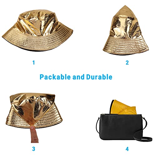 Reversible PU Leather Bucket Hats for Women Solid Color Double Wear Summer Hat Unisex - color: Gold