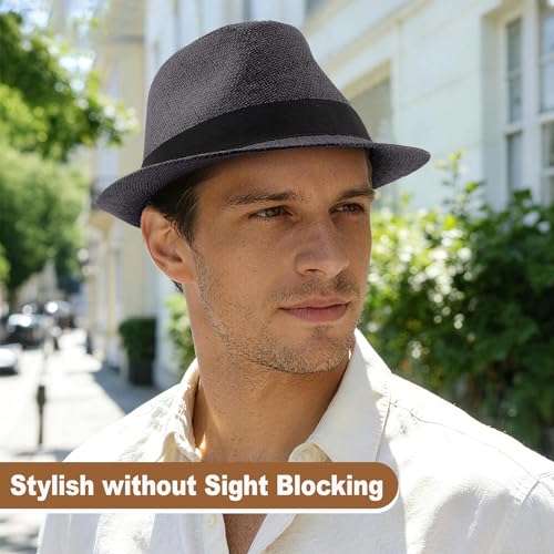 Straw Fedora Hats for Men Women, 1920s Short Brim Trilby Panama Hat Summer Beach Sun Cap - color: Black
