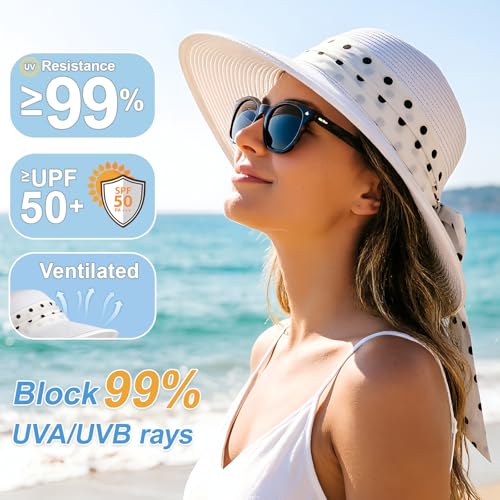 DRESHOW Women Straw Panama Hat Travel Fedora Beach Sun Hat Summer Wide Brim Straw Roll up Hat UPF 50+ - color: 1 Pack Bowknot Straw Hat: White (White Band)