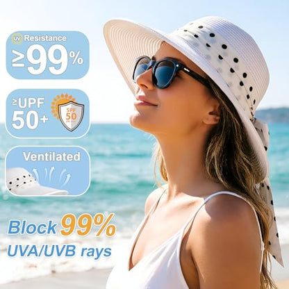 DRESHOW Women Straw Panama Hat Travel Fedora Beach Sun Hat Summer Wide Brim Straw Roll up Hat UPF 50+ - color: 1 Pack Bowknot Straw Hat: White (White Band)