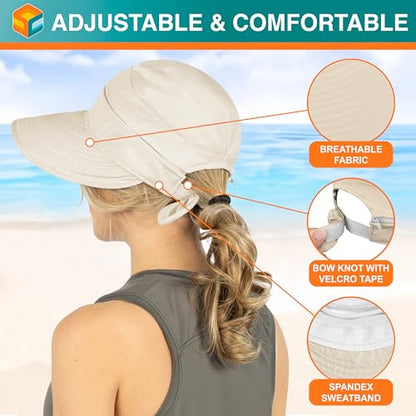 SUN CUBE Womens Sun Hat UV Protection Wide Brim Zip-Off Golf Visor - color: Beige