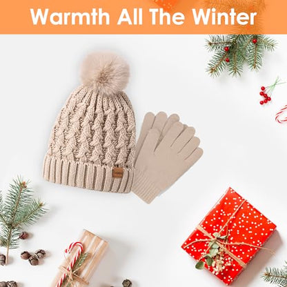 Women Winter Beanie Hat Gloves Set Pom Hat with Warm Fleece Lined Touchscreen Gloves for Cold Weather - color: Deep Blue