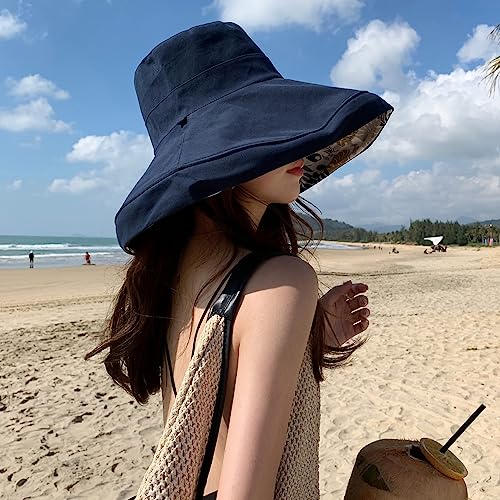 HUAMULAN Women Summer Vacation Wide Brim Sun Hat Reversible Fishing Hats - color: Navy