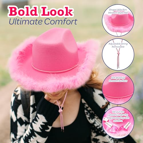 4E's Novelty Cowboy Hat with feathers With Heart Shaped Sunglasses for Women, Felt Cowgirl Hat for Party Costume Dress Up - color: Pink
