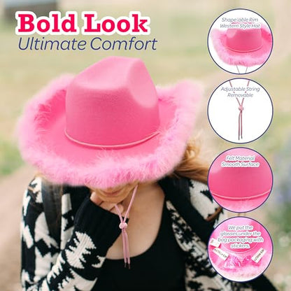 4E's Novelty Cowboy Hat with feathers With Heart Shaped Sunglasses for Women, Felt Cowgirl Hat for Party Costume Dress Up - color: Pink