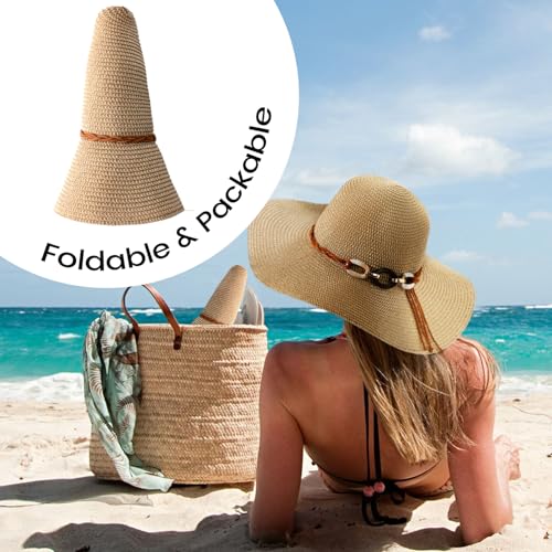 Pleneal Beach Sun Staw Hats for Women, UPF 50+ Foldable Wide Brim Sun Hat - color: Khaki - C