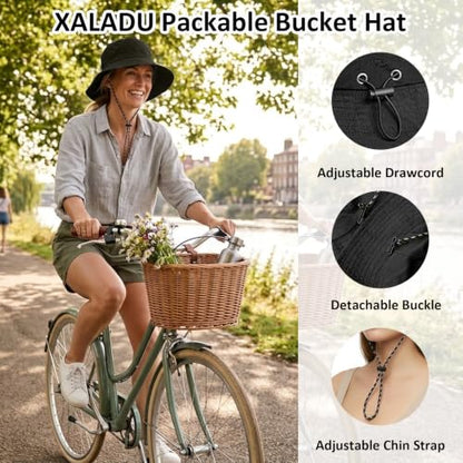 Packable Sun Bucket Hat for Women Men Wide Brim Outdoor Hiking Hat - color: Black