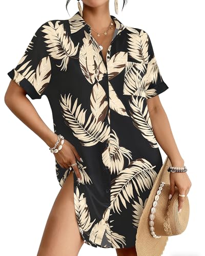 Bsubseach Women Swimsuit Coverup Shirt Dress Button Down Bathing Suit Cover Up Beach Vacation Outfits - color: Aa-leaf Print, size: X-Small